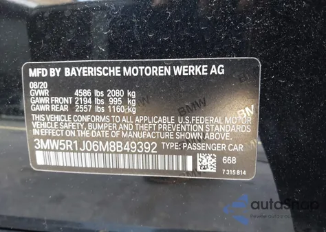 2021 BMW 330I z USA, uszkodzony, nr VIN 3MW5R1J06M8B49392